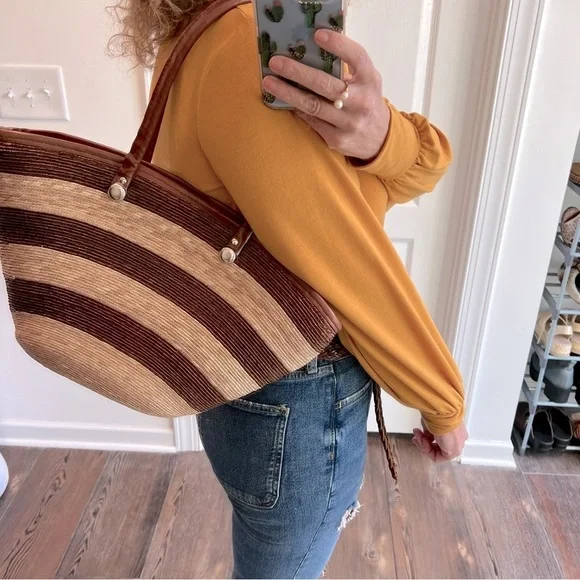 Brown Tan Striped Straw Bag Zipper Closure Double Straps - Picture 1 of 10